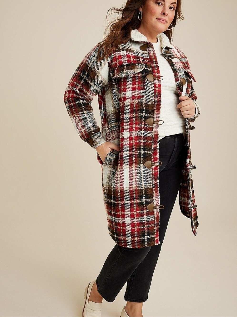 Maurices Red, Cream & Brown Plaid Toggle Coat